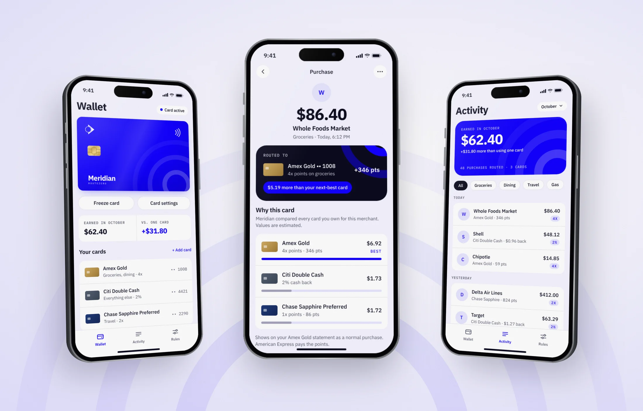 Three Meridian app screens: wallet, a routed purchase and monthly activity