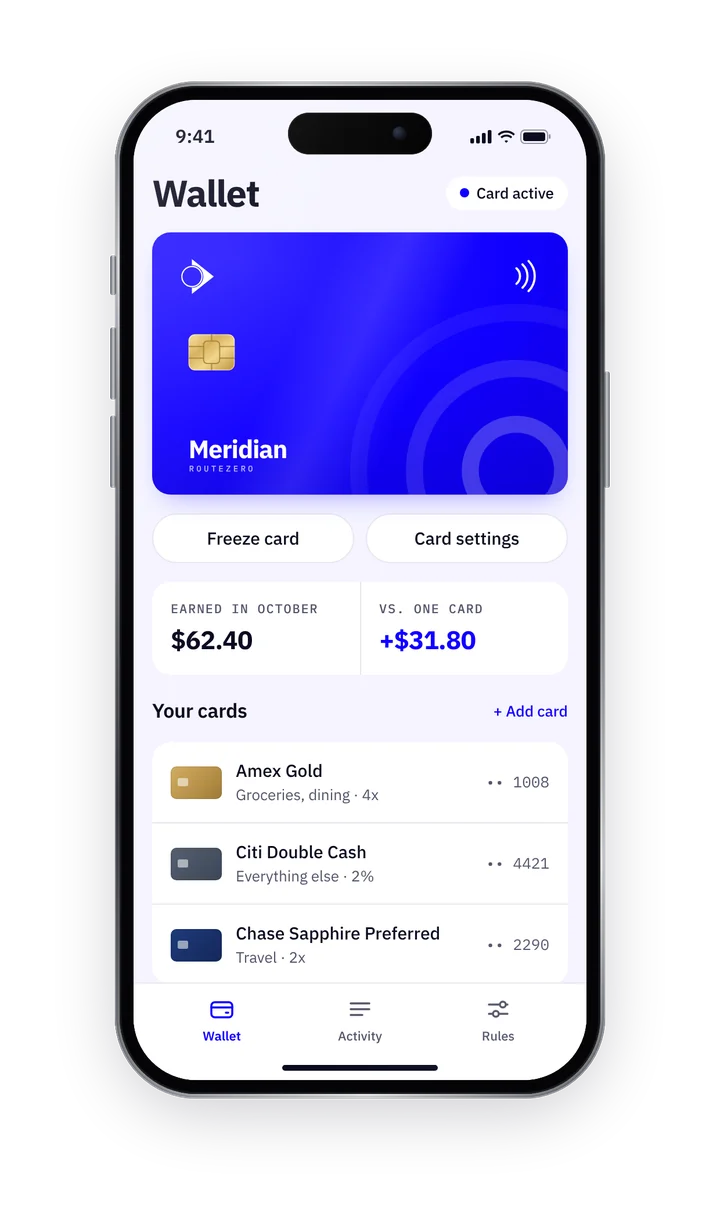Meridian app wallet screen with three linked cards and October earnings